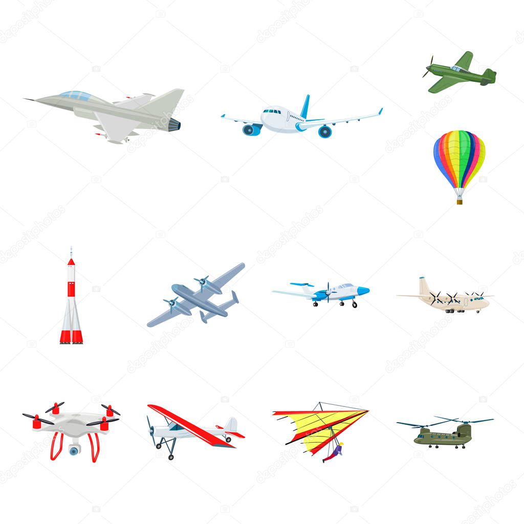 Vector design of plane and transport symbol. Collection of plane and sky stock vector illustration.