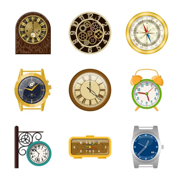 Vektorillustration av klocka och tid logotyp. Uppsättning av klocka och cirkel aktiesymbol för webben. — Stock vektor