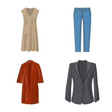 Kadın ve giyim logo vektör çizimi. Kadın ayarla ve web için hisse senedi simgesi giymek.