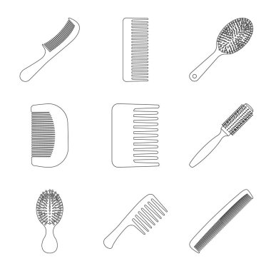 Fırça ve saç simgesi yalıtılmış nesne. Hisse senedi için fırça ve saç fırçası vektör simge kümesi.