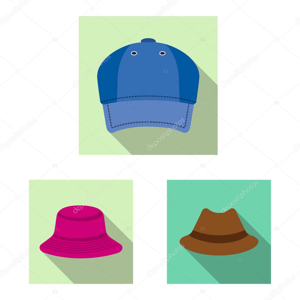 Vector design of headgear and cap symbol. Collection of headgear and accessory vector icon for stock.