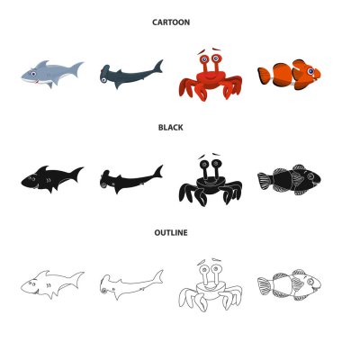 Deniz ve hayvan işaret yalıtılmış nesne. Deniz ve deniz hisse senedi vektör çizim koleksiyonu.