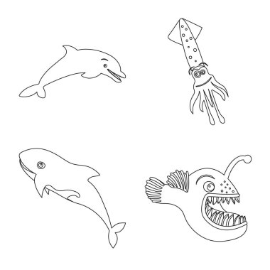 Deniz ve hayvan sembolü yalıtılmış nesne. Deniz ve deniz hisse senedi vektör çizim koleksiyonu.