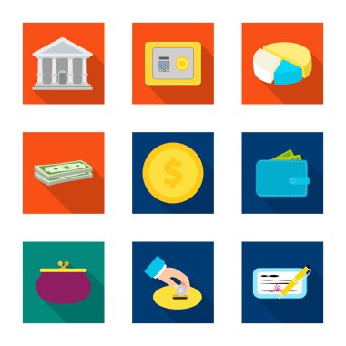 Banka ve para simgesinin vektör tasarımı. Web için banka ve bill hisse senedi simgesi kümesi.