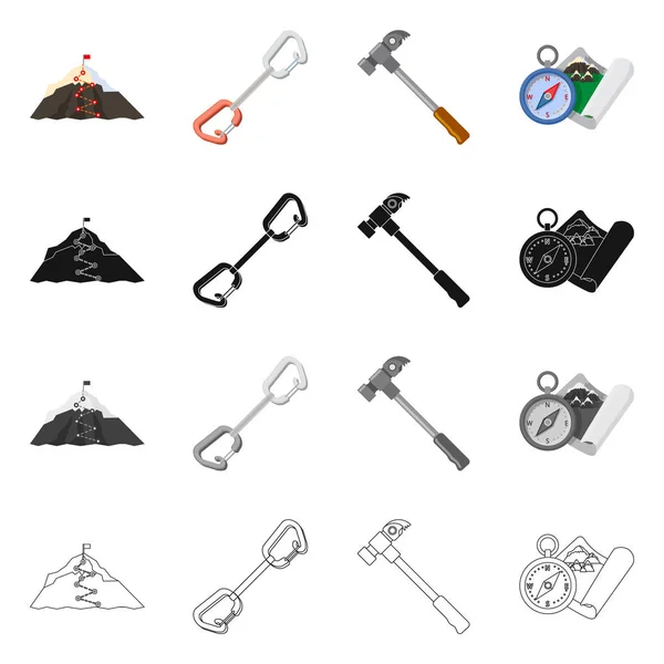 Illustrazione vettoriale dell'alpinismo e logo di picco. Set di icone alpinistiche e vettoriali per lo stock . — Vettoriale Stock
