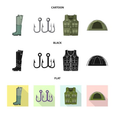 Balık ve balık tutma simge vektör tasarımı. Balık ve ekipman hisse senedi vektör çizim seti.