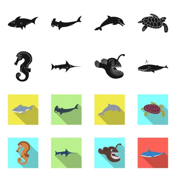 Diseño vectorial del icono del mar y los animales. Conjunto de ilustración de vectores marinos y marinos . — Vector de stock