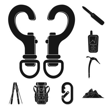 Dağcılık ve tepe simge vektör tasarımı. Dağcılık ve kamp kümesi web için hisse senedi simgesi.