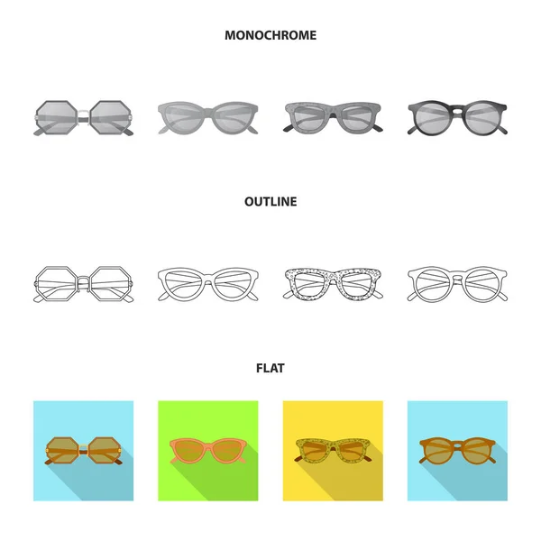 Elkülönített objektum szemüveg és napszemüveg logó. Gyűjteménye szemüveg és tartozék vektor ikon készletek. — Stock Vector