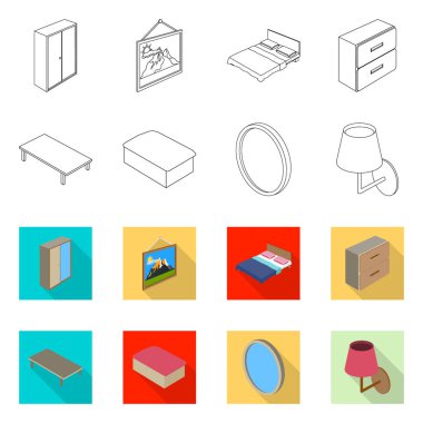 Yatak odası ve oda simge vektör tasarımı. Yatak ve mobilya hisse senedi vektör çizim seti.