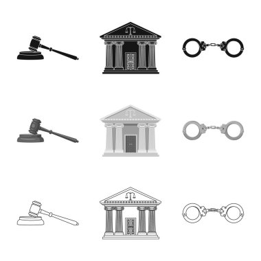 Hukuk ve avukat sembolü yalıtılmış nesne. Hukuk ve adalet hisse senedi vektör çizim seti.
