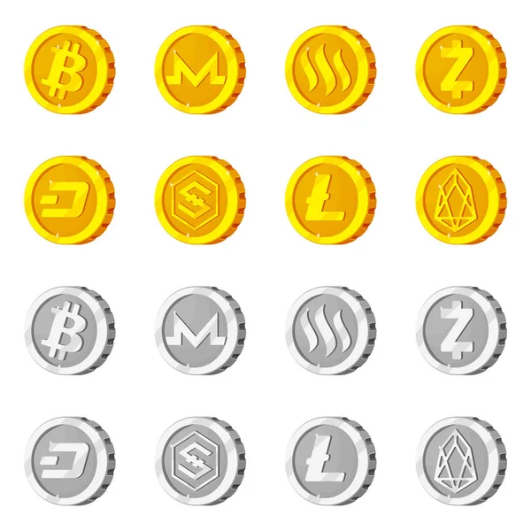 Vector ontwerp van cryptocurrency en munt symbool. Set cryptocurrency en crypto voorraad vectorillustratie. — Stockvector