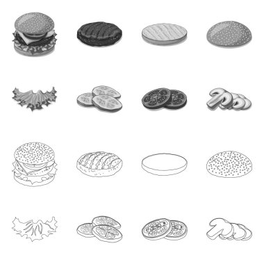 Burger illüstrasyon vektör ve işareti sandviç. Burger ve dilim hisse senedi vektör çizim seti.