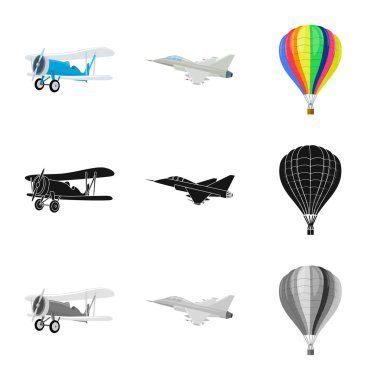 İllüstrasyon işareti uçak ve ulaşım vektör. Hisse senedi için uçak ve gökyüzü vektör simge kümesi.