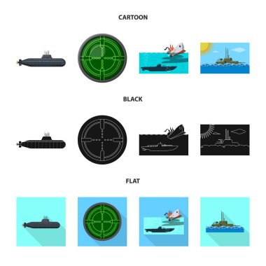 Savaş ve gemi simge vektör tasarımı. Savaş ve filo hisse senedi vektör çizim koleksiyonu.