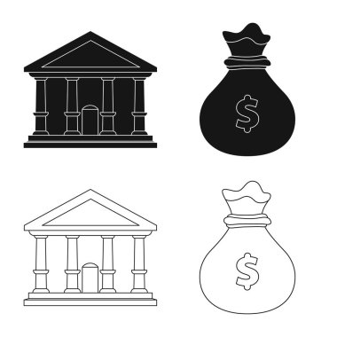 Banka ve para işareti yalıtılmış nesne. Hisse senedi için banka ve bill vektör simge topluluğu.