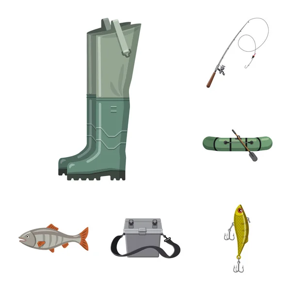 Illustrazione vettoriale del pesce e segno di pesca. Set di icone vettoriali di pesci e attrezzature per stock . — Vettoriale Stock