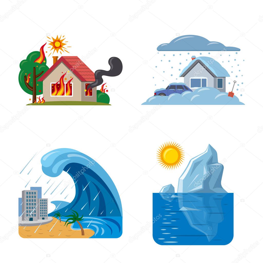 Vector design of natural and disaster symbol. Set of natural and risk stock vector illustration.
