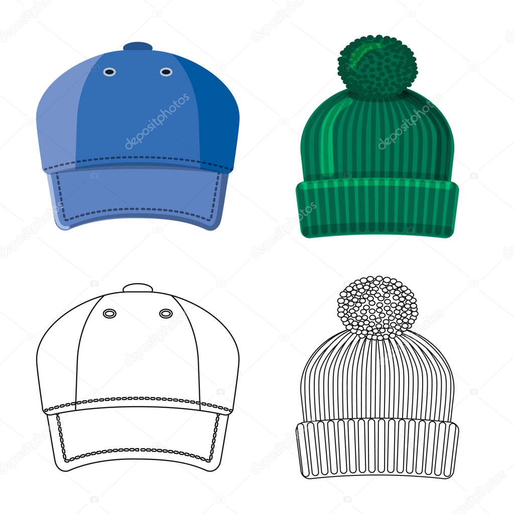 Vector illustration of headgear and cap sign. Set of headgear and accessory stock symbol for web.