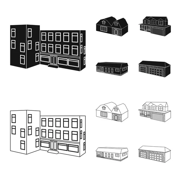 Illustration vectorielle de façade et panneau de logement. Ensemble de façade et infrastructure stock symbole pour le web . — Image vectorielle