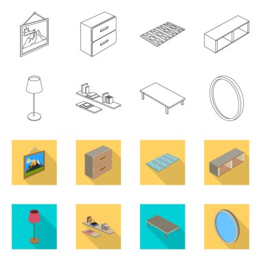 Bir yatak odası ve oda işaret illüstrasyon vektör. Yatak ve mobilya hisse senedi vektör çizim topluluğu.