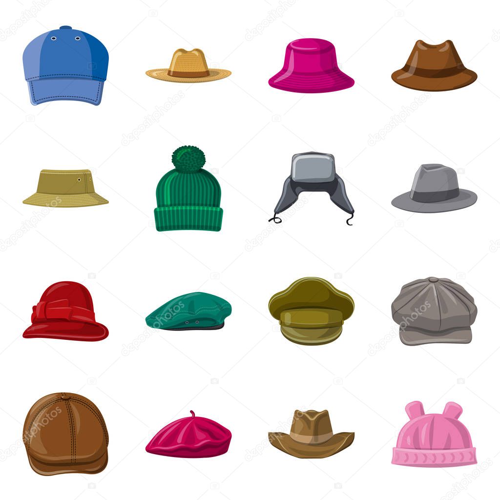 Vector illustration of headgear and cap logo. Set of headgear and accessory stock vector illustration.