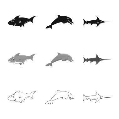 Deniz ve hayvan logosu yalıtılmış nesne. Deniz ve hisse senedi için deniz vektör simge kümesi.