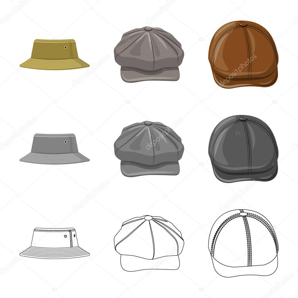 Vector illustration of headgear and cap sign. Set of headgear and accessory stock vector illustration.