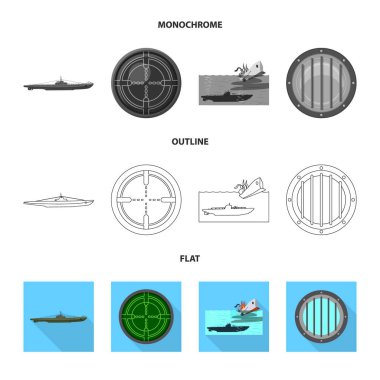 Savaş ve gemi işareti yalıtılmış nesne. Savaş ve filo hisse senedi vektör çizim koleksiyonu.