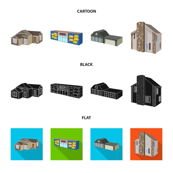 Design vettoriale della facciata e simbolo dell'alloggiamento. Raccolta di icone vettoriali per facciate e infrastrutture per stock . — Vettoriale Stock