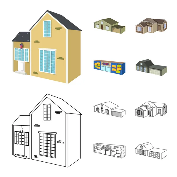 Векторна ілюстрація фасаду та логотипу житла. Колекція фасадів та інфраструктури Векторні ілюстрації . — стоковий вектор