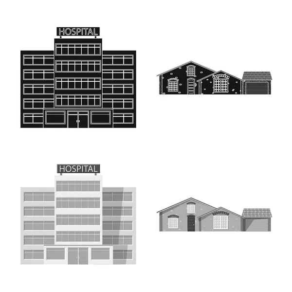 Izolovaný objekt budovy a přední znamení. Sada stavebních a střecha vektorové ikony pro stock. — Stockový vektor