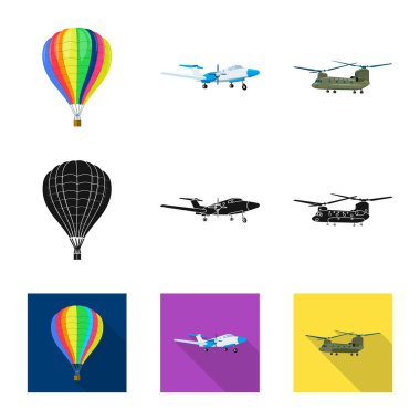 Uçak ve taşıma simge vektör tasarımı. Uçak ve gökyüzü hisse senedi vektör çizim seti.