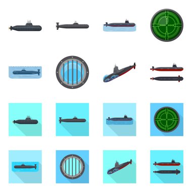 Savaş ve gemi işareti yalıtılmış nesne. Savaş ve hisse senedi için filo vektör ikon koleksiyonu.