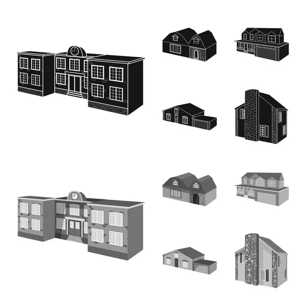 Diseño vectorial de la fachada y el logotipo de la vivienda. Conjunto de icono vectorial de fachada e infraestructura para stock . — Vector de stock