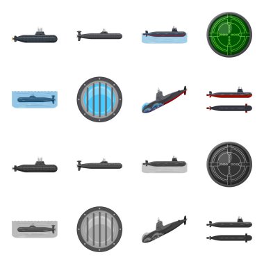 Savaş ve gemi simge vektör tasarımı. Savaş ve hisse senedi için filo vektör simge kümesi.