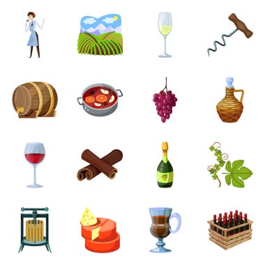 Üzüm ve şaraphane sembolü izole nesne. Web için üzüm ve imalat stok sembolü seti.