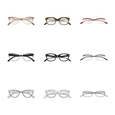 Gözlük ve çerçeve logo vektör tasarımı. Gözlük ve hisse senedi için aksesuar vektör ikon koleksiyonu.