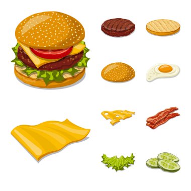 Burger ve sandviç işareti yalıtılmış nesne. Burger kümesi ve hisse senedi için dilim vektör simgesi.