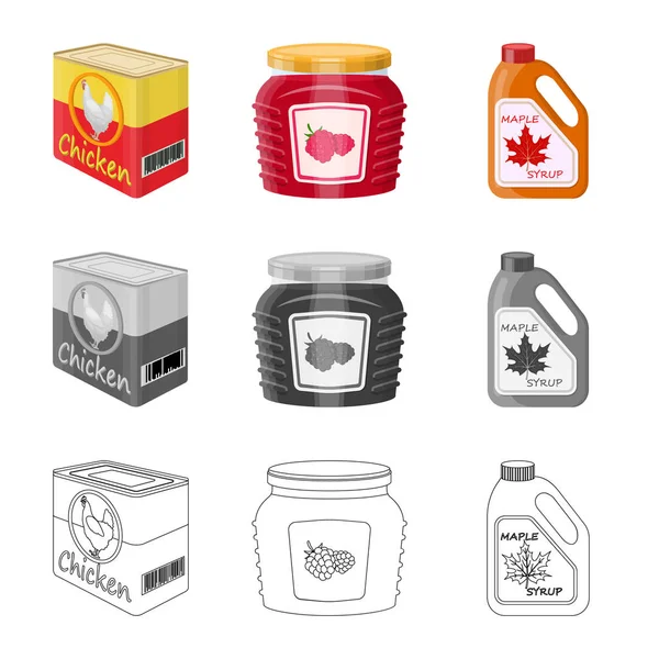 Objeto aislado de lata y signo de comida. Colección de ilustración de vectores de latas y paquetes . — Vector de stock