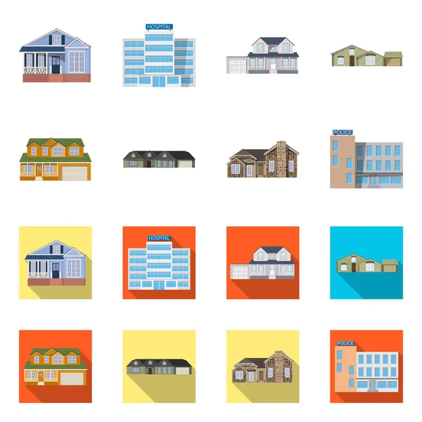 Ilustración vectorial de edificio e icono frontal. Conjunto de edificio y techo símbolo de stock para web . — Vector de stock