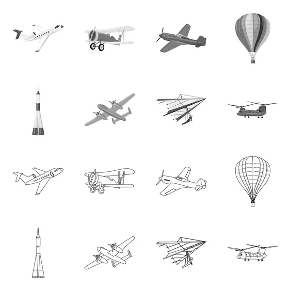 Objeto aislado de plano y símbolo de transporte. Conjunto de plano y cielo icono vectorial para stock . — Archivo Imágenes Vectoriales