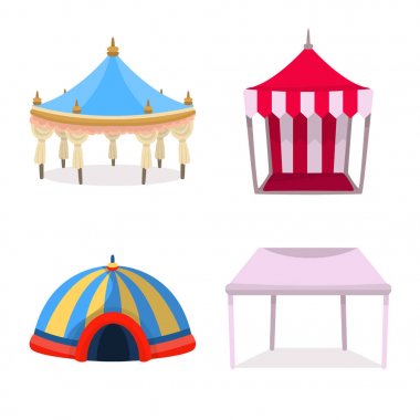 Tente ve barınak logosu vektör tasarımı. Hisse senedi için tente ve gölgelik vektör simgesi koleksiyonu.