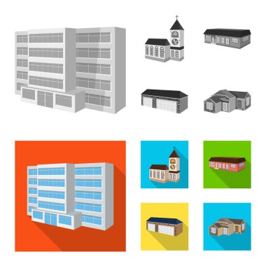 Cephe ve konut sembolü yalıtılmış nesne. Cephe ve altyapı hisse senedi vektör çizim seti.