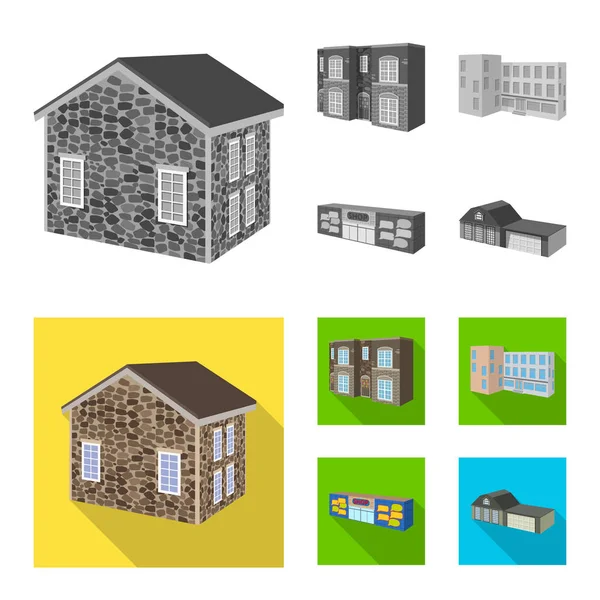 Ilustración vectorial de fachada e icono de la vivienda. Conjunto de icono vectorial de fachada e infraestructura para stock . — Vector de stock