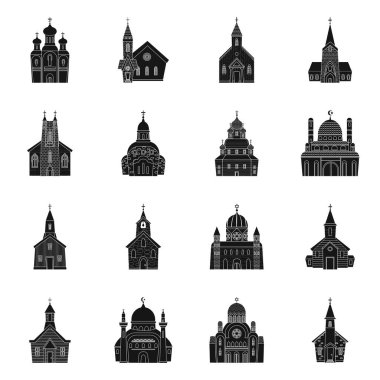Ev ve kilise sembolü vektör tasarımı. Web için ev ve bina stok sembolü seti.