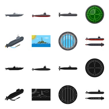 Savaş ve gemi simge vektör tasarımı. Savaş ve hisse senedi için filo vektör simge kümesi.