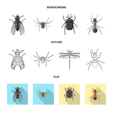 Böcek ve sinek logosu yalıtılmış nesne. Böcek ve öğe hisse senedi vektör çizim seti.