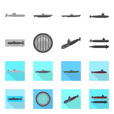 Savaş ve gemi işareti illüstrasyon vektör. Savaş ve hisse senedi için filo vektör simge kümesi.
