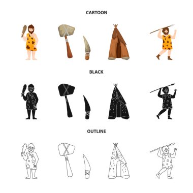 Evrimin vektör tasarımı ve neolitik işaret. Stok lar için evrim ve ilkel vektör simgesi seti.